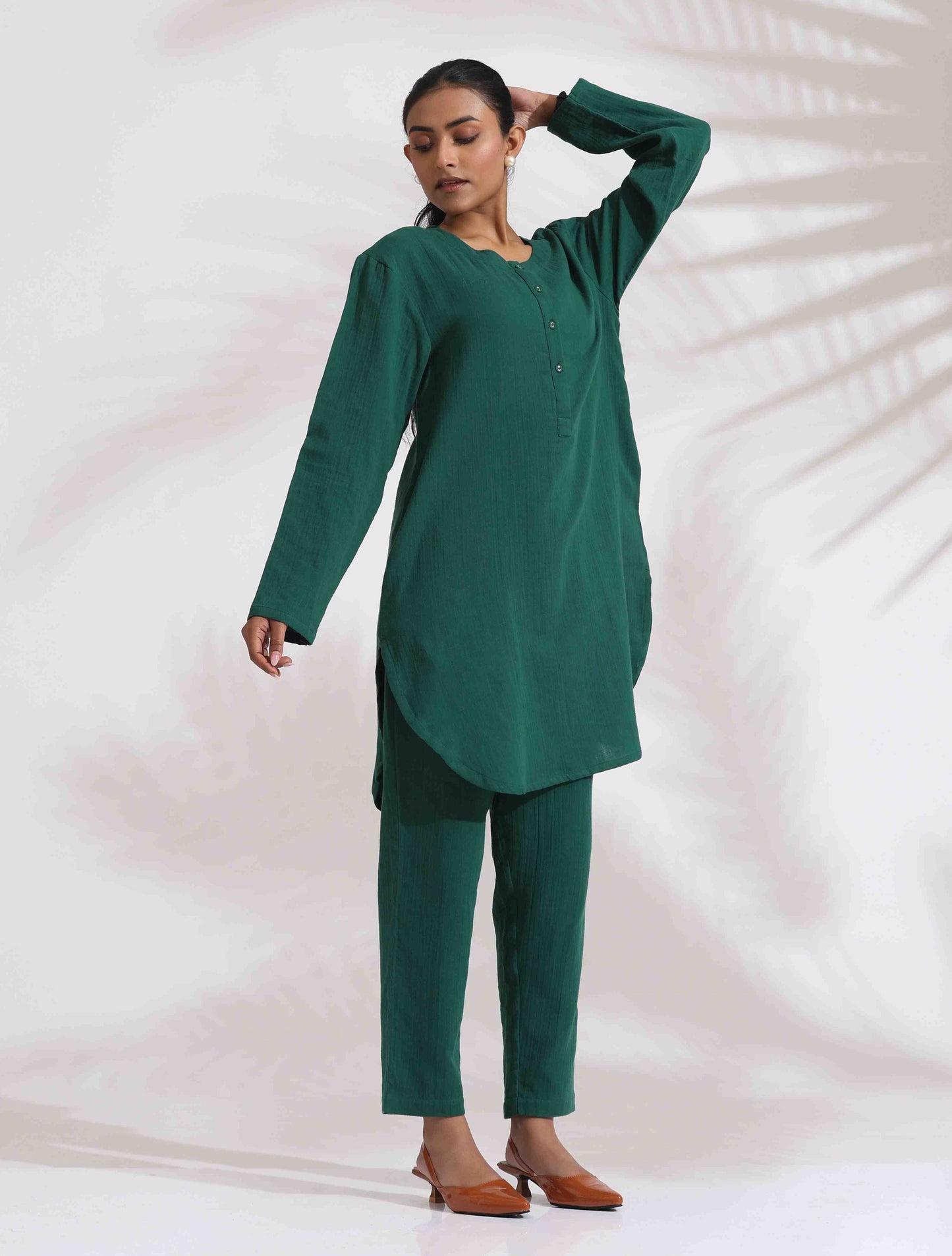 trueBrowns Green Cotton Kurta Co-ord Set - Swadesiicart