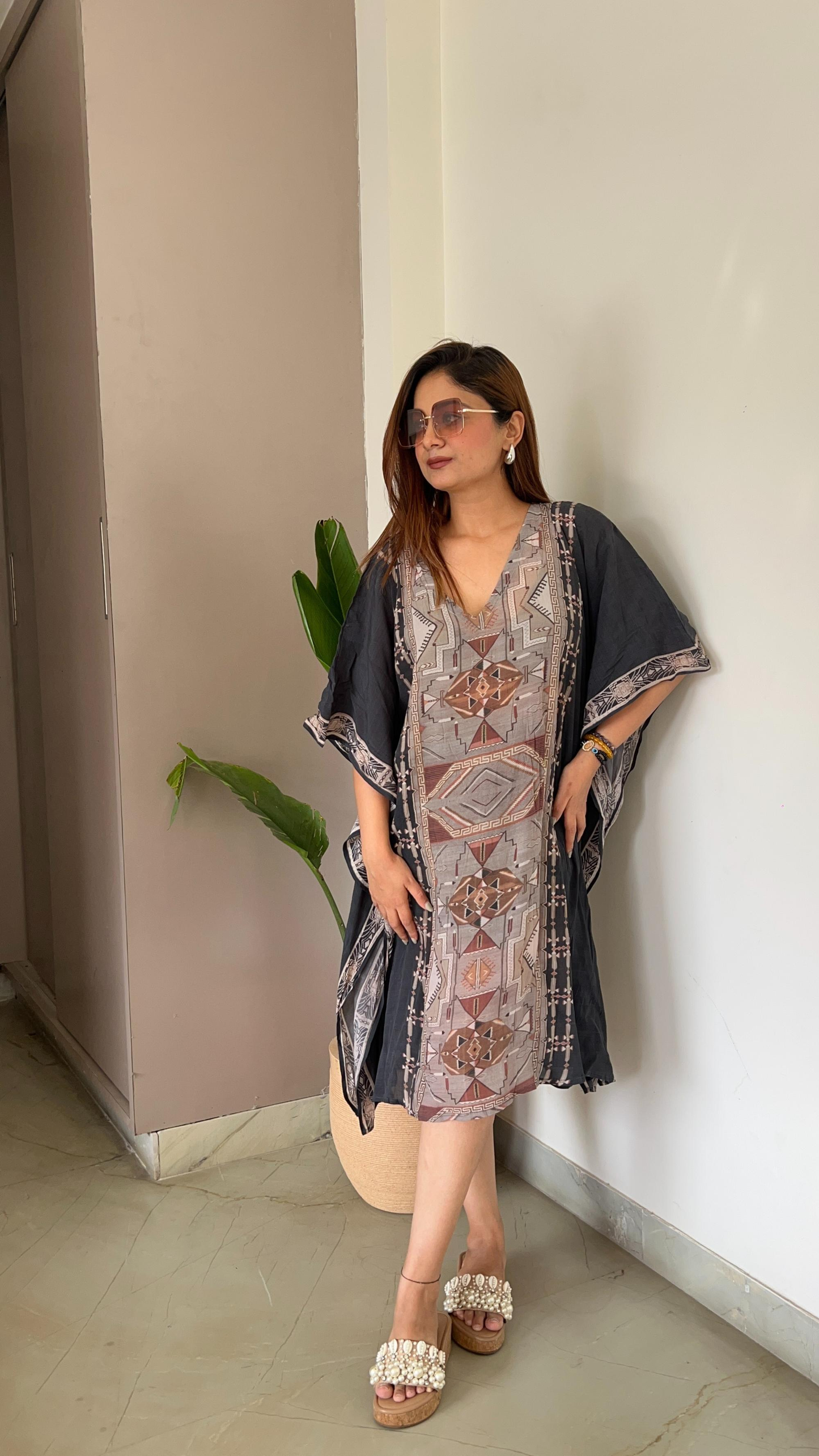 Noroke Cupro Crepe Kaftan Dress - Printed | Swadesiicart