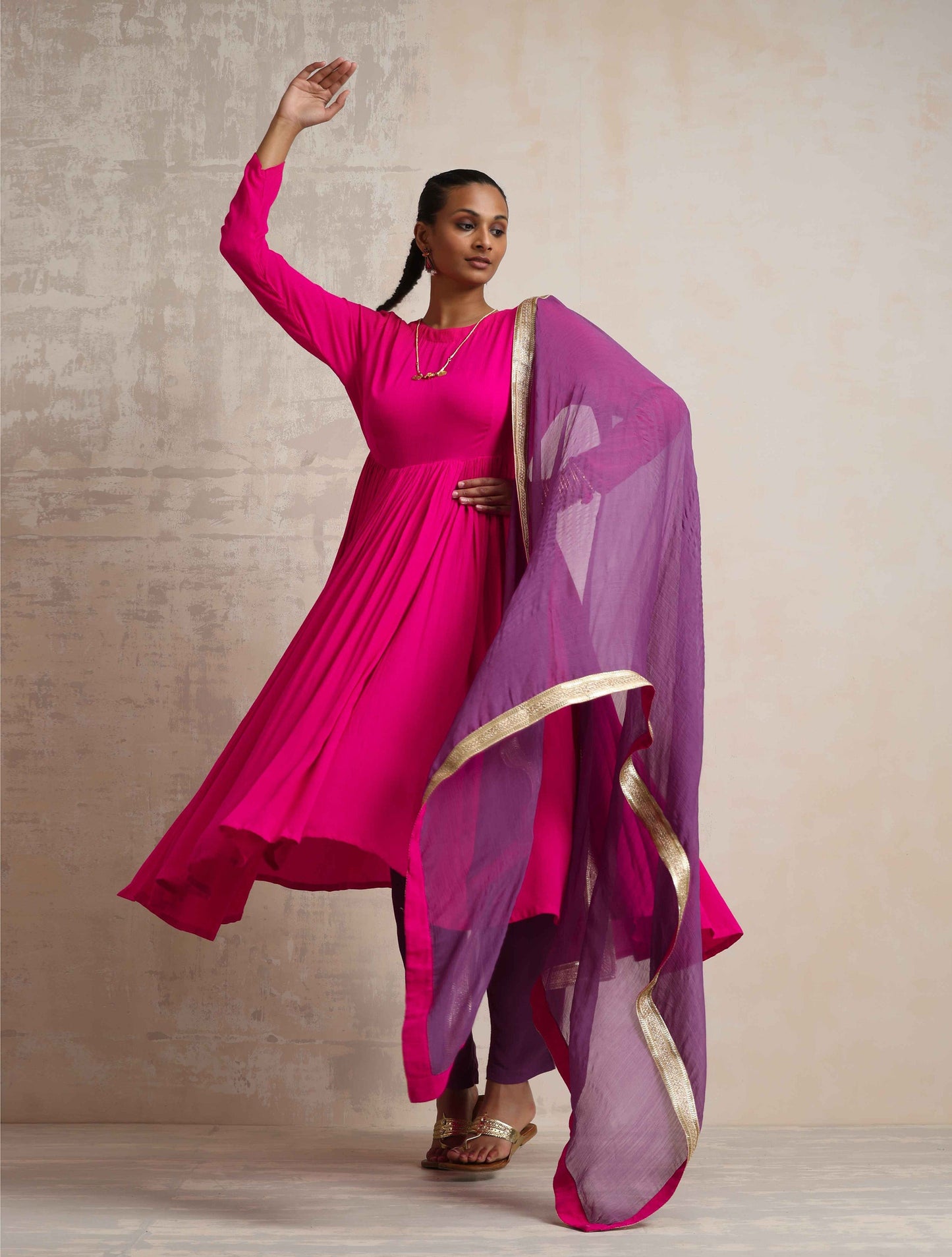trueBrowns Pink Crinkle Anarkali Kurta Pant Dupatta Set | Swadesiicart