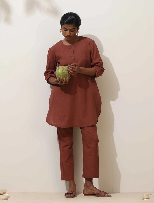 trueBrowns Brown Cotton Linen Kurta Co-Ord Set - Swadesiicart