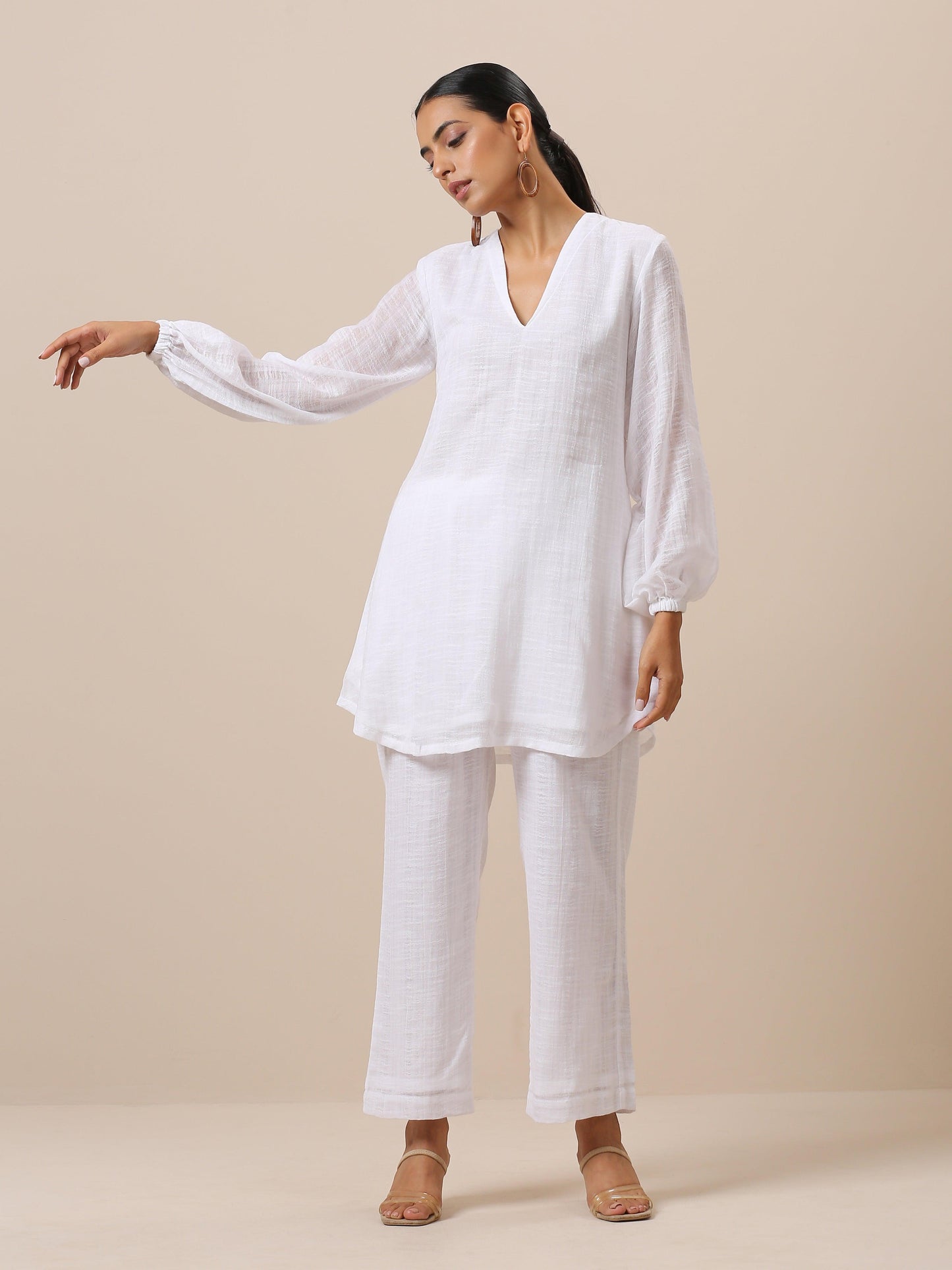 trueBrowns Gauze White Short Co-Ord Set - Swadesiicart
