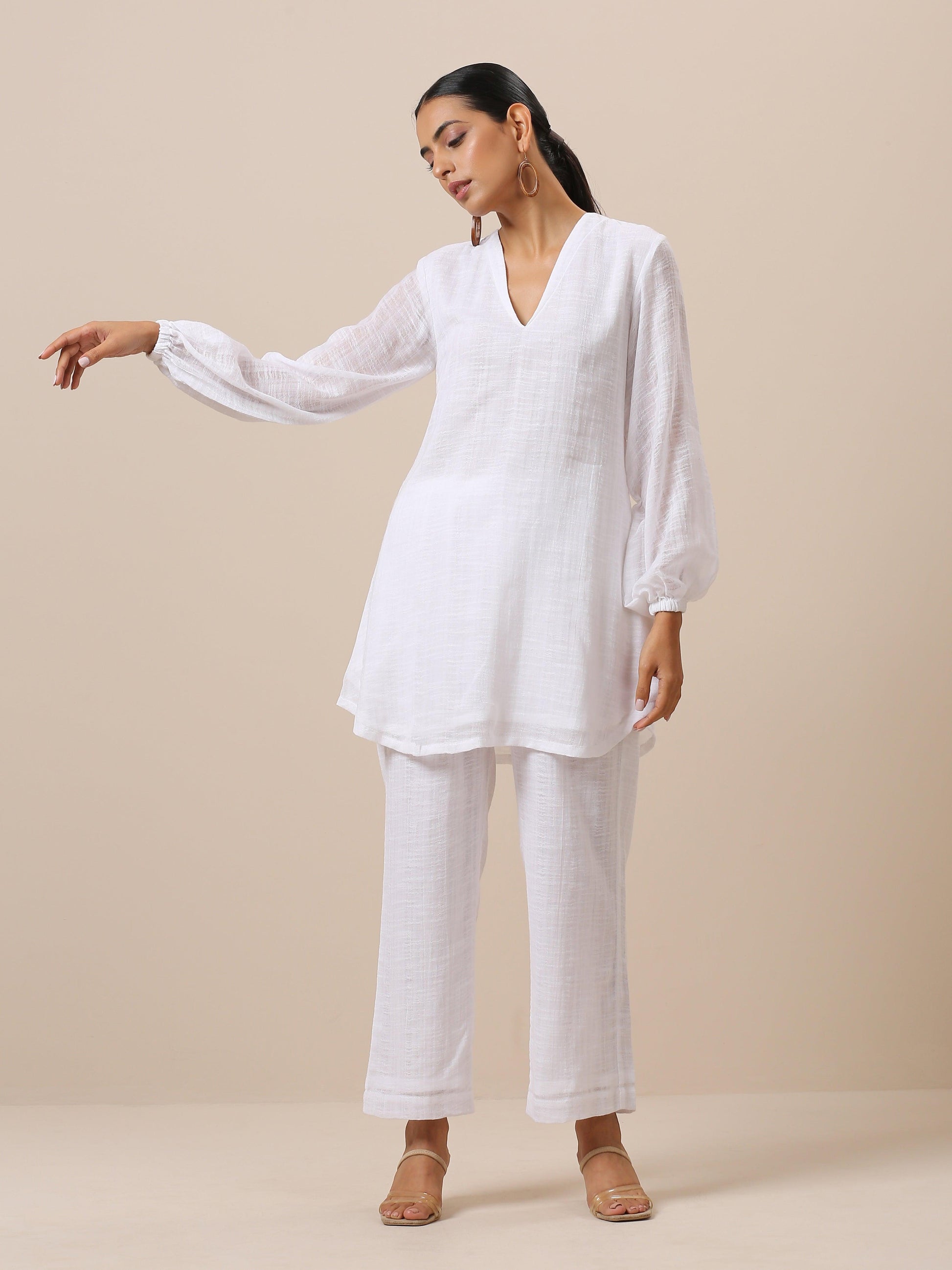 trueBrowns Gauze White Short Co-Ord Set - Swadesiicart