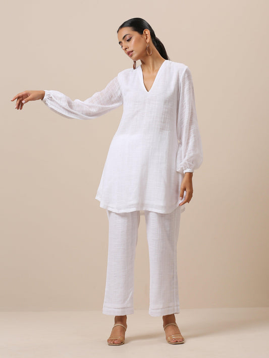 trueBrowns Gauze White Short Co-Ord Set - Swadesiicart