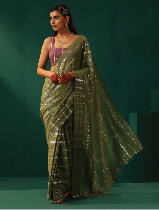 trueBrowns Sage Green Cotton Silver Lurex Striped Ready to Wear Saree | Swadesiicart