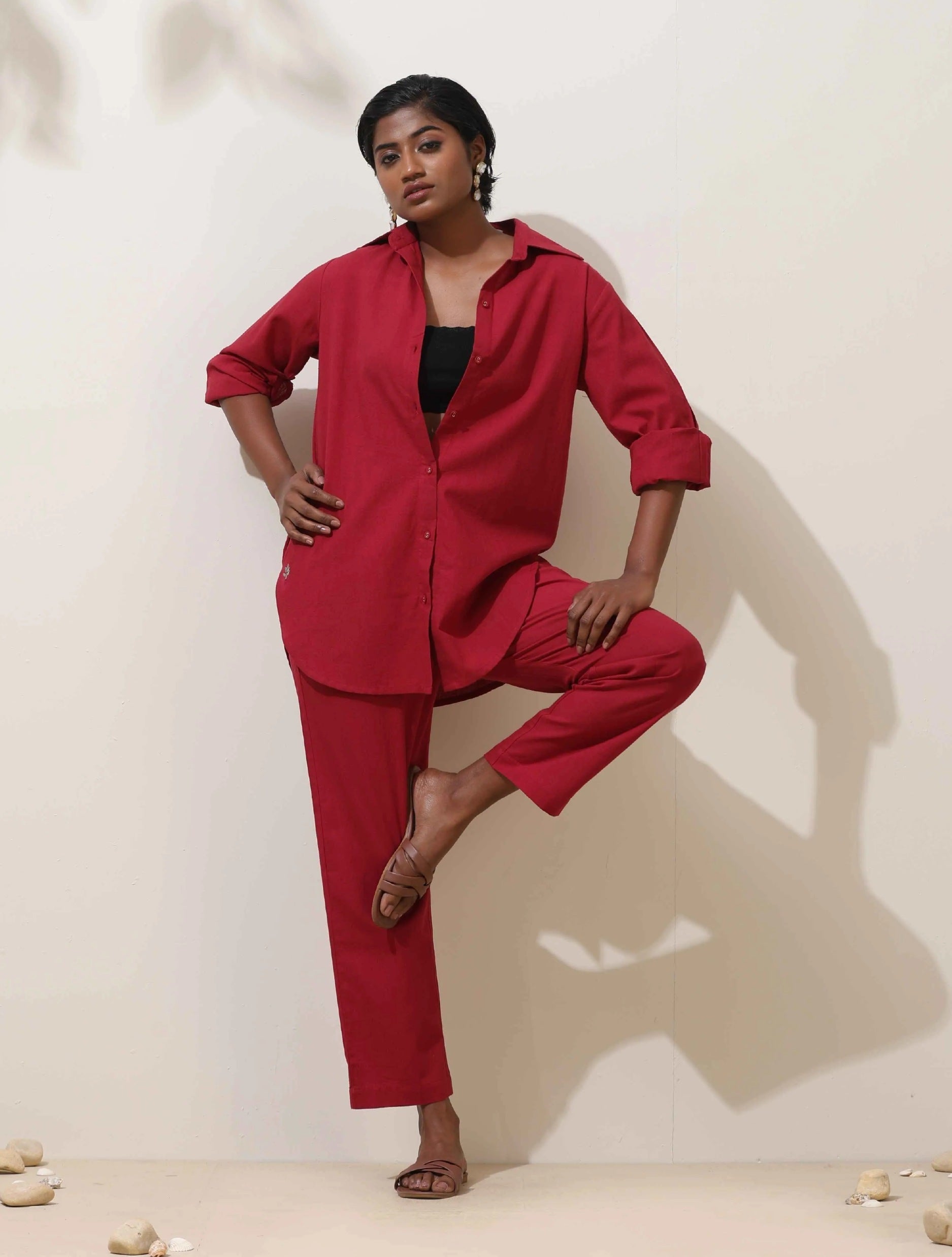 trueBrowns Maroon Cotton Linen Co-Ord Set - Swadesiicart