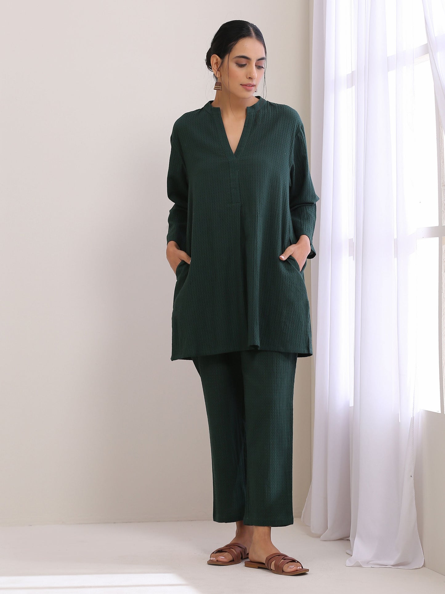 trueBrowns Dark Green Dobby Relaxed Fit Co-Ord Set - Swadesiicart