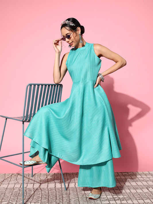 InWeave Women's Teal Lurex Boho Sleevless Kurta Set - Swadesiicart
