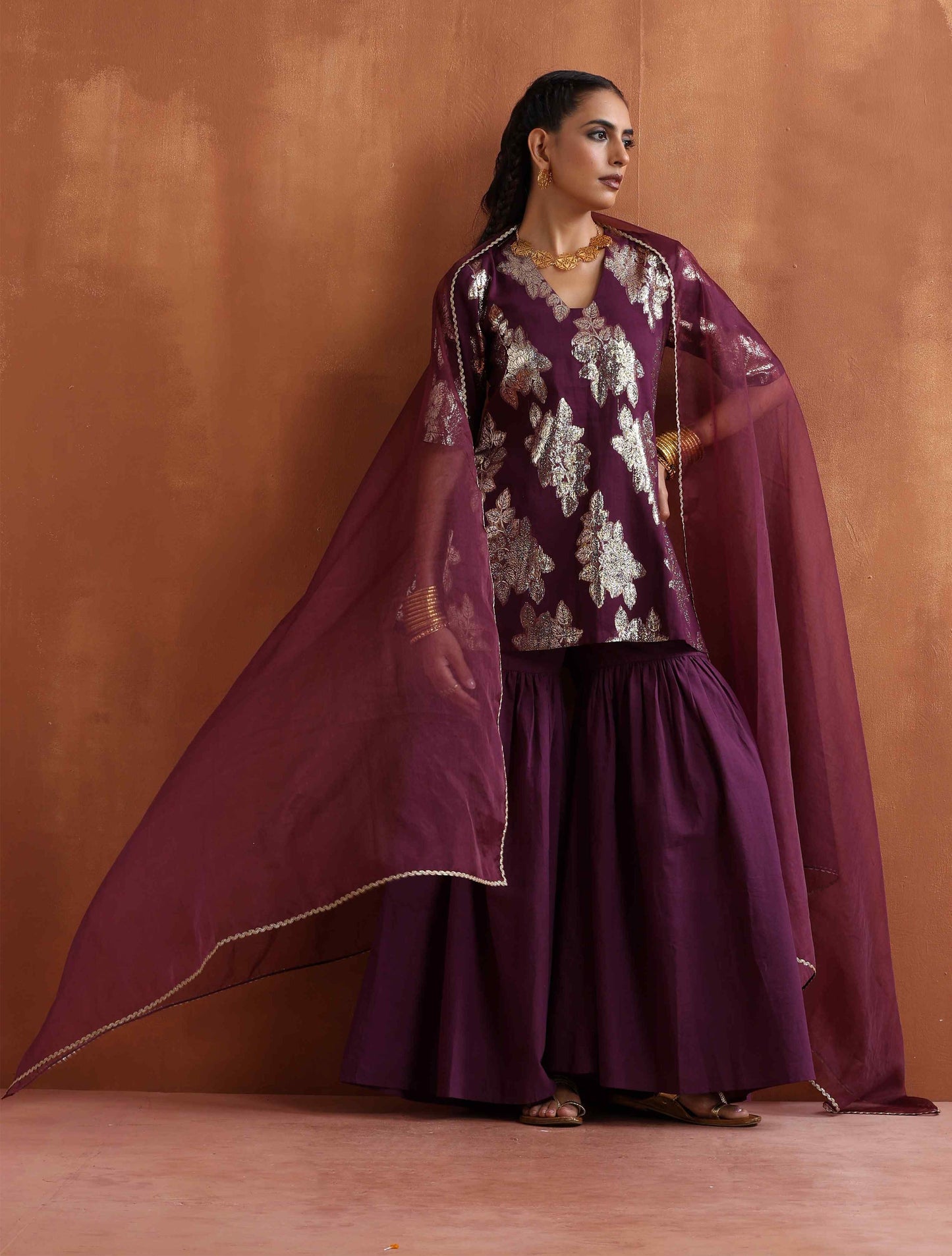 trueBrowns Purple Metallic Sharara Dupatta Set | Swadesiicart