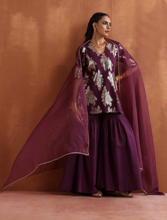 trueBrowns Purple Metallic Sharara Dupatta Set | Swadesiicart