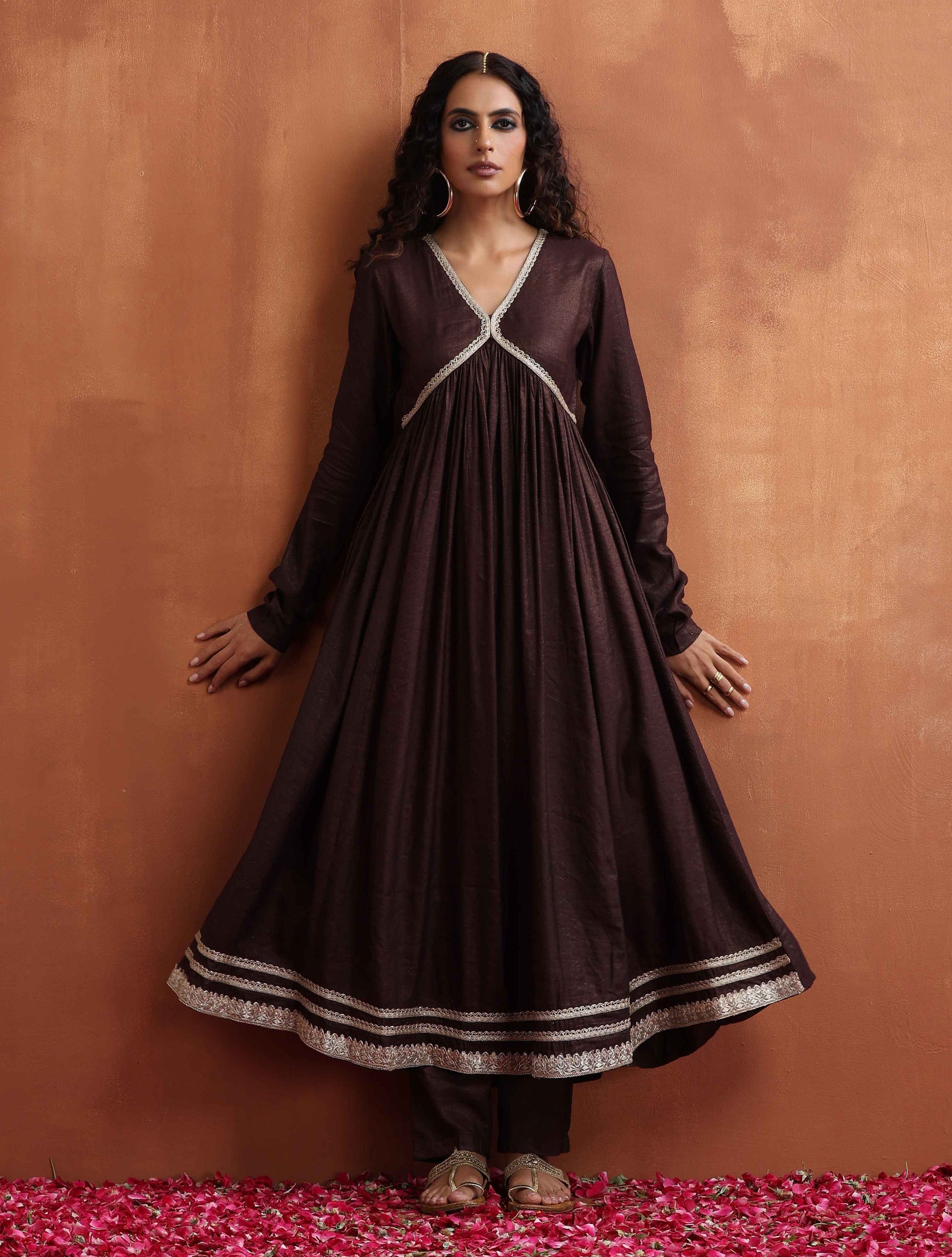 trueBrowns Brown Metallic Flared Anarkali Kurta Set | Swadesiicart
