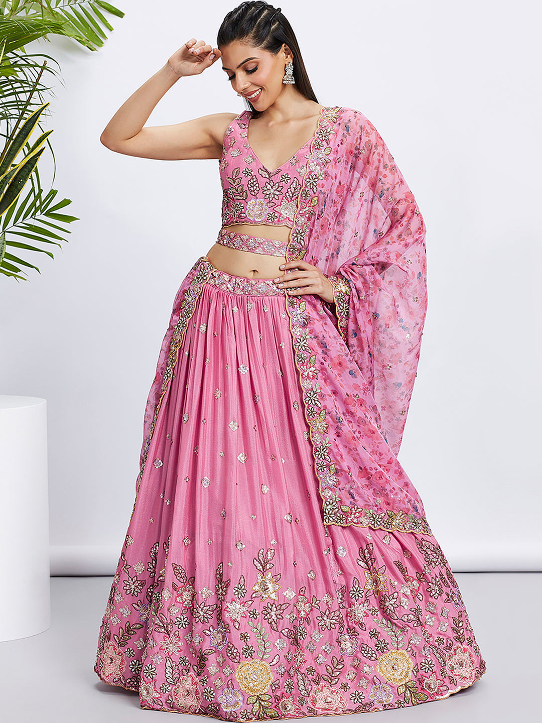 House of Panchhi Lime Green Chiffon Sequins And Thread Embroidery Lehenga Choli & Dupatta | Swadesiicart