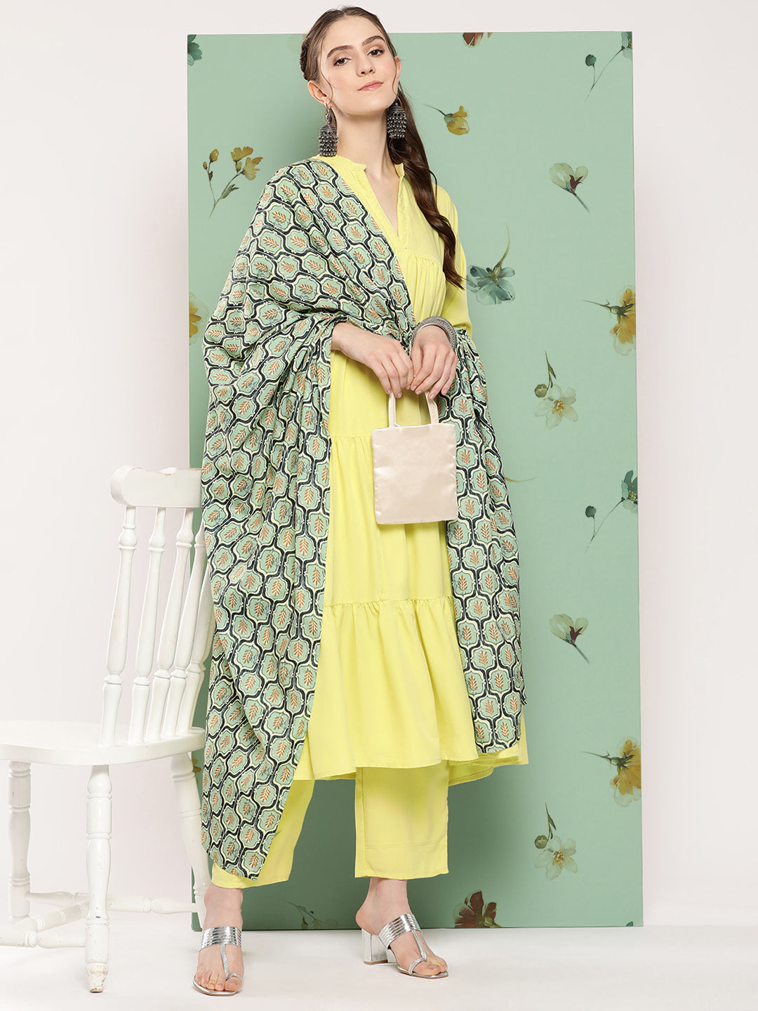 InWeave Women's Lime Green Flared Kurta Set W Green Print Cr Dupatta - Swadesiicart