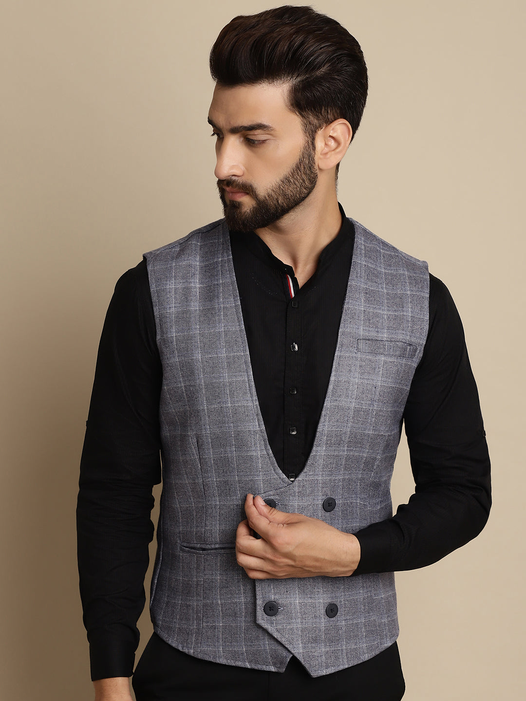 Even Apparels Men's Grey Double Breast Waistcoat | Swadesiicart