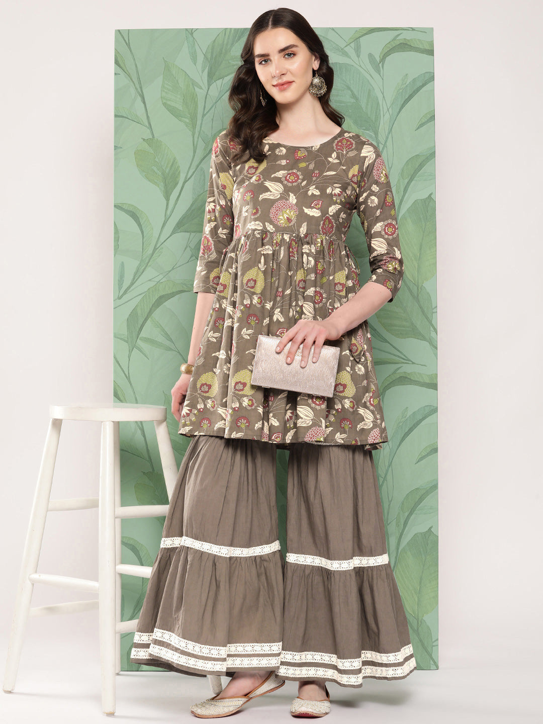 InWeave Women's Olive Shade Tropical Sharara Set - Swadesiicart