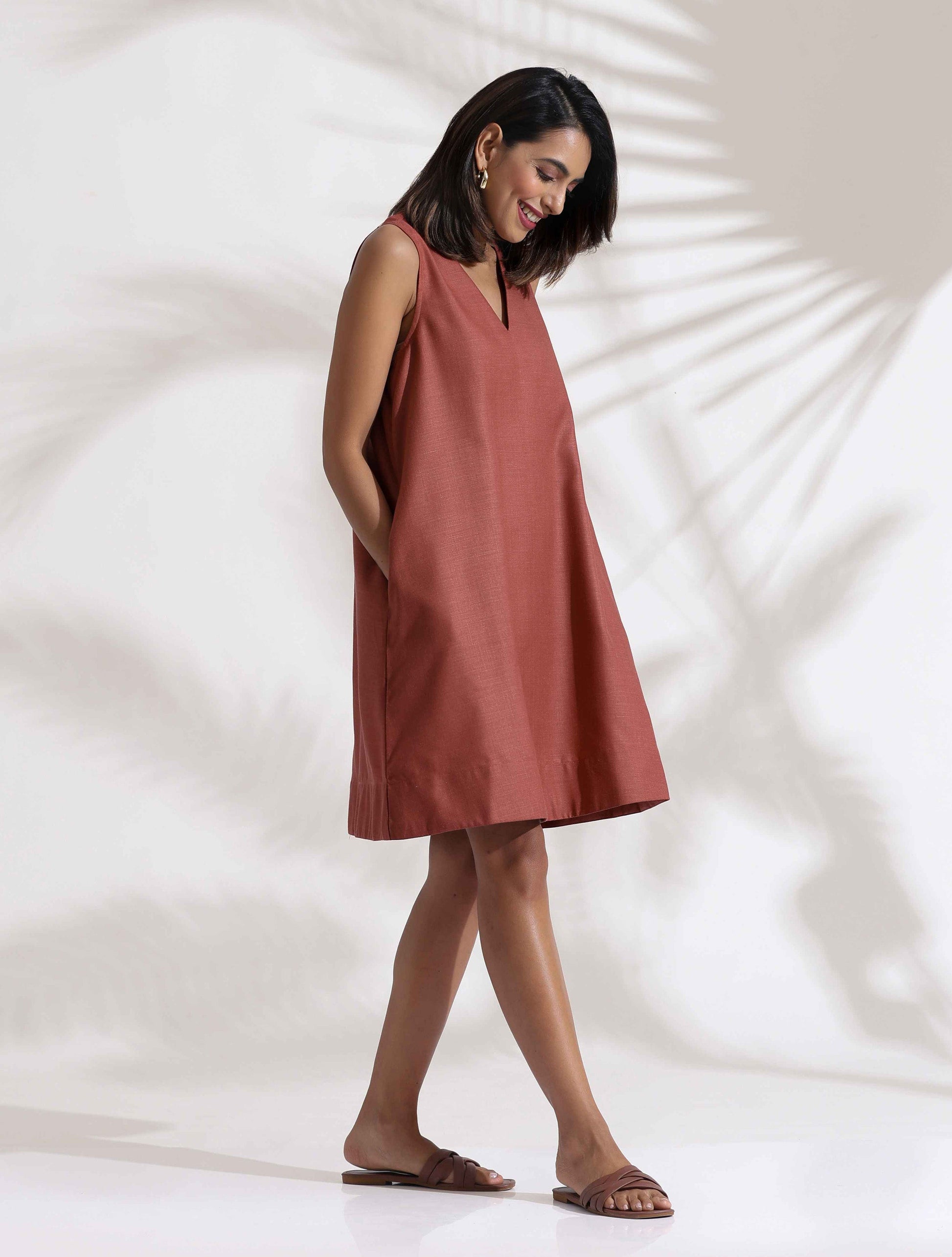 trueBrowns Pink Slub Dress | Swadesiicart