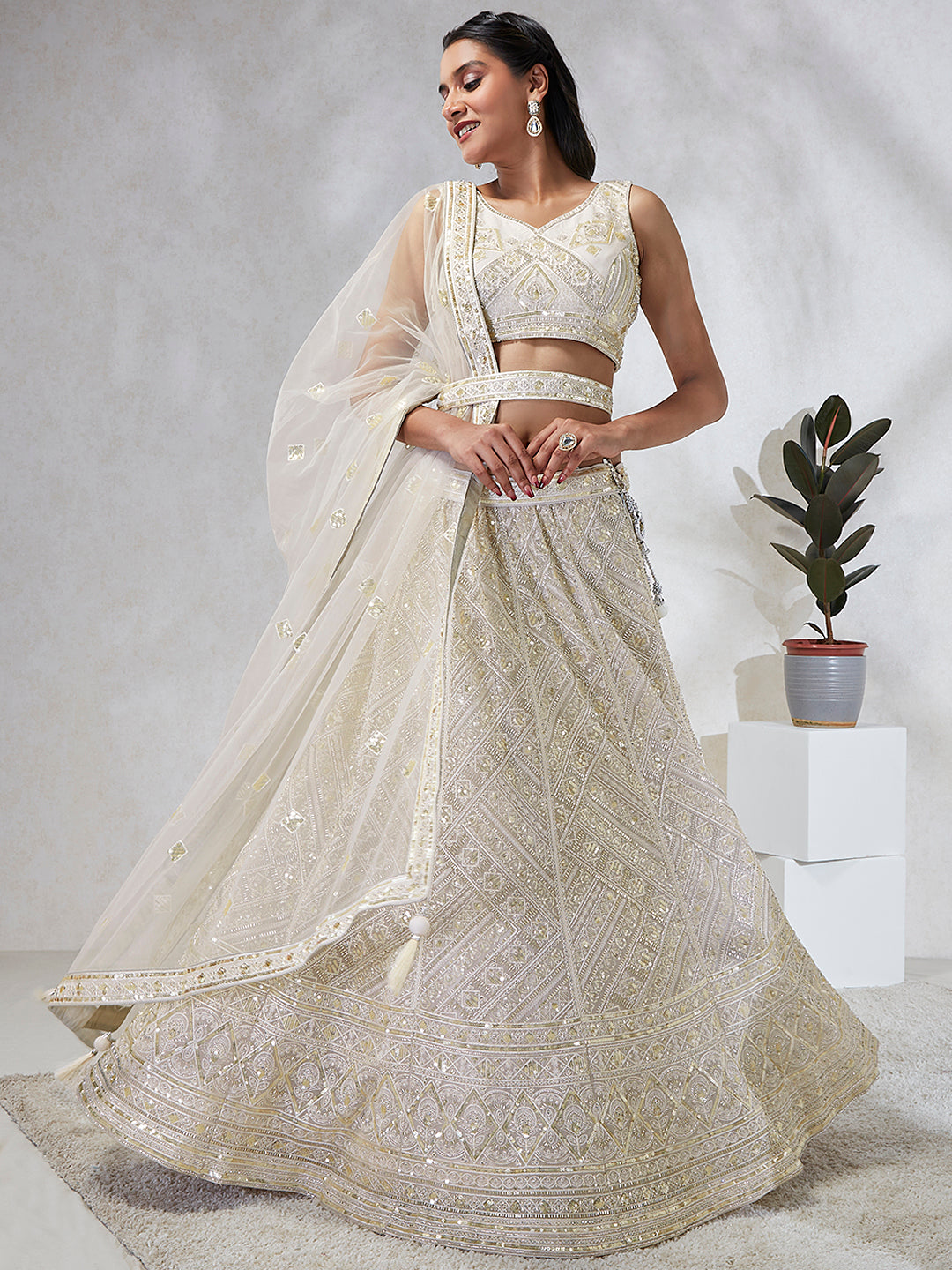 House of Panchhi Cream Net Cutdana, Sequins And Zarkan Embroidery Lehenga Choli & Dupatta | Swadesiicart