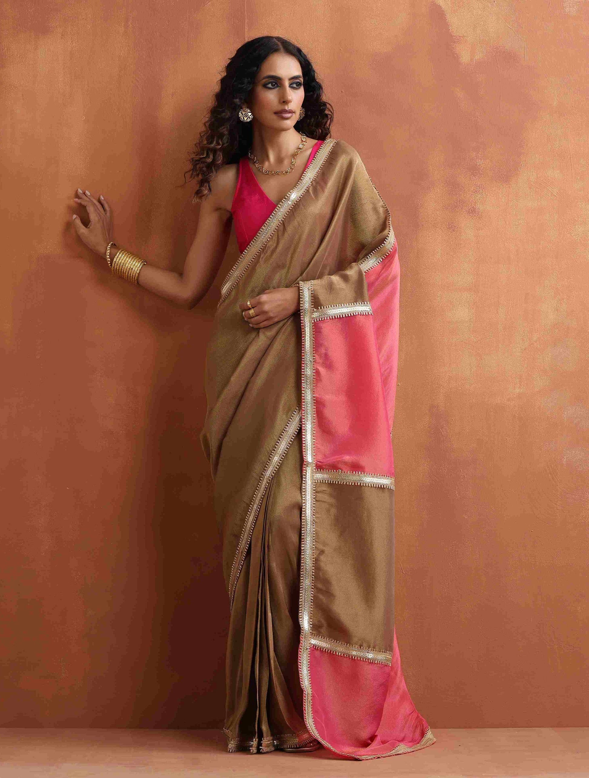 trueBrowns Bronze Tissue Ready To Wear Saree | Swadesiicart