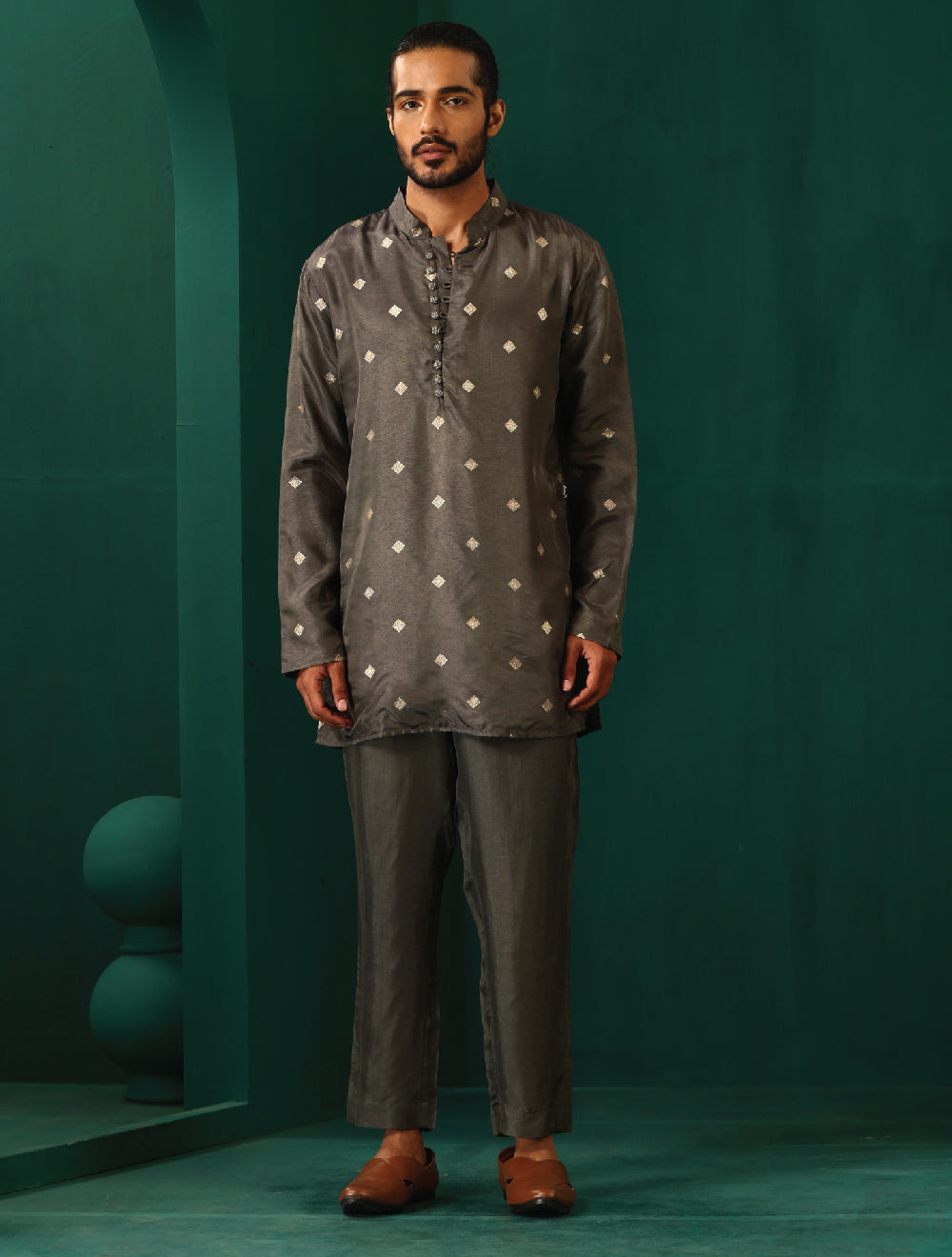 trueBrowns Men's Grey Diamond Viscose Silk Co-ord Set - Swadesiicart
