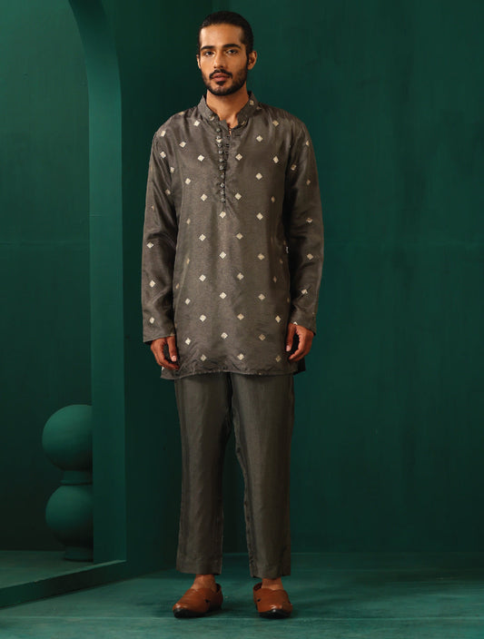trueBrowns Men's Grey Diamond Viscose Silk Co-ord Set - Swadesiicart