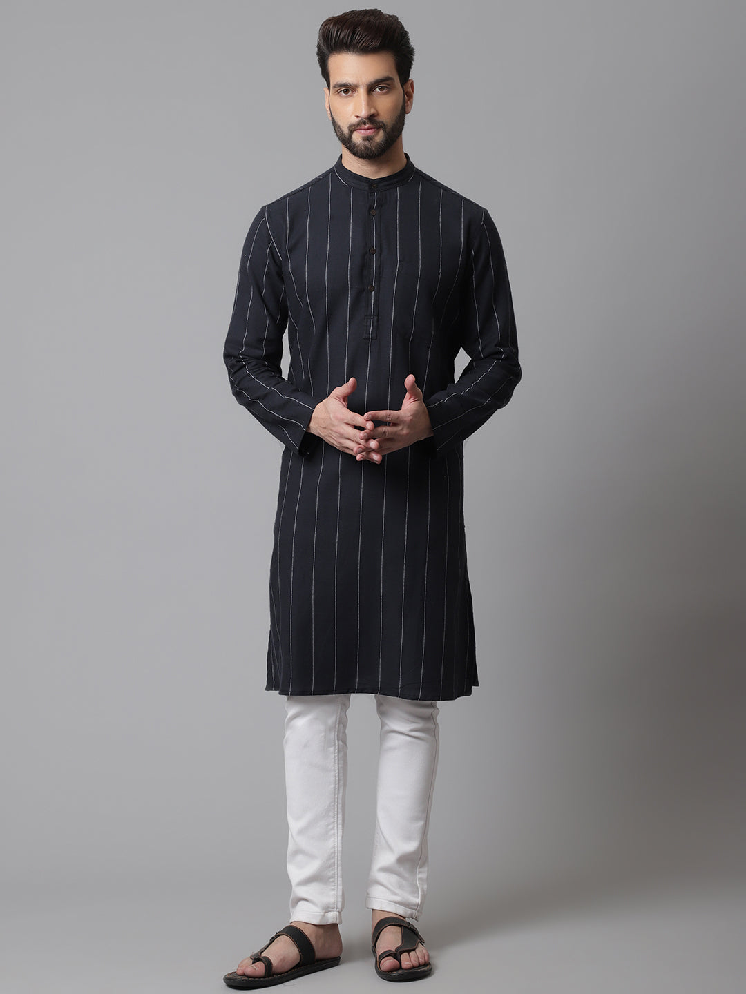 Even Apparels Black Pure Cotton Kurta With Band Collar | Swadesiicart