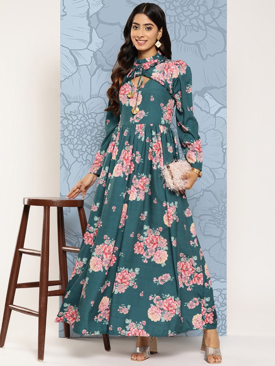 Ahalyaa Floral Print Puff Sleeves Tie-Up Neck Crepe Ethnic Gown With Cut-Out Detail | Swadesiicart