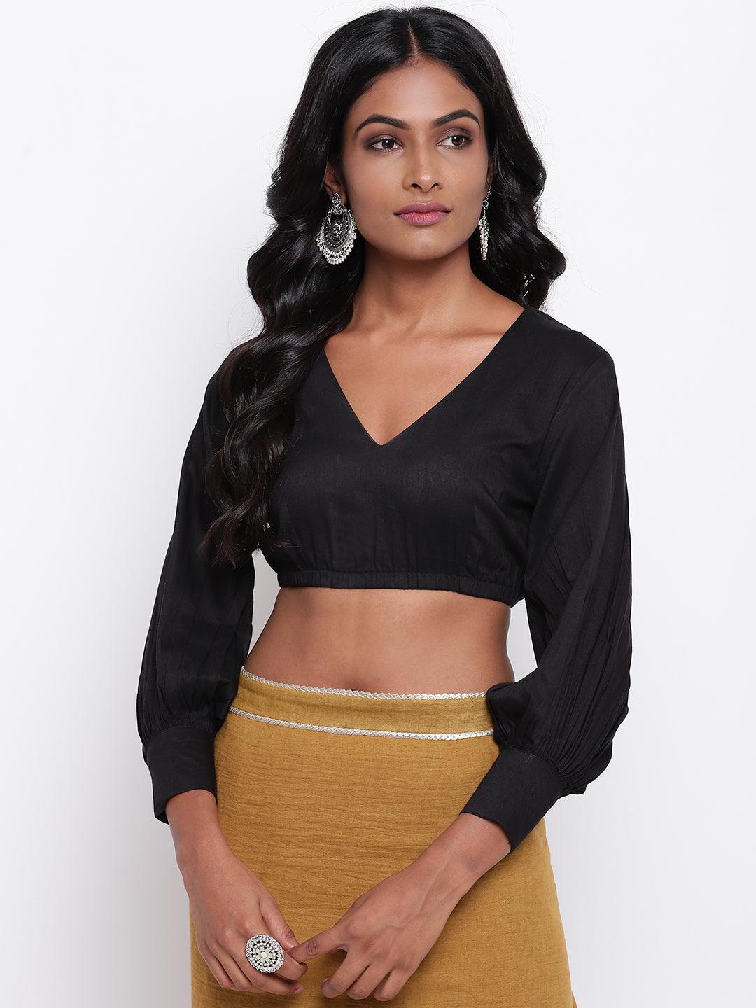 trueBrowns Black Gathered Sleeve Top | Swadesiicart