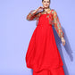 InWeave Women's Red Strappy Set With Green Floral Short Organza Cape - Swadesiicart