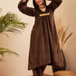 InWeave Women's Brown V Neck Asymmetrical Pleated Velvet Kurta Set - Swadesiicart
