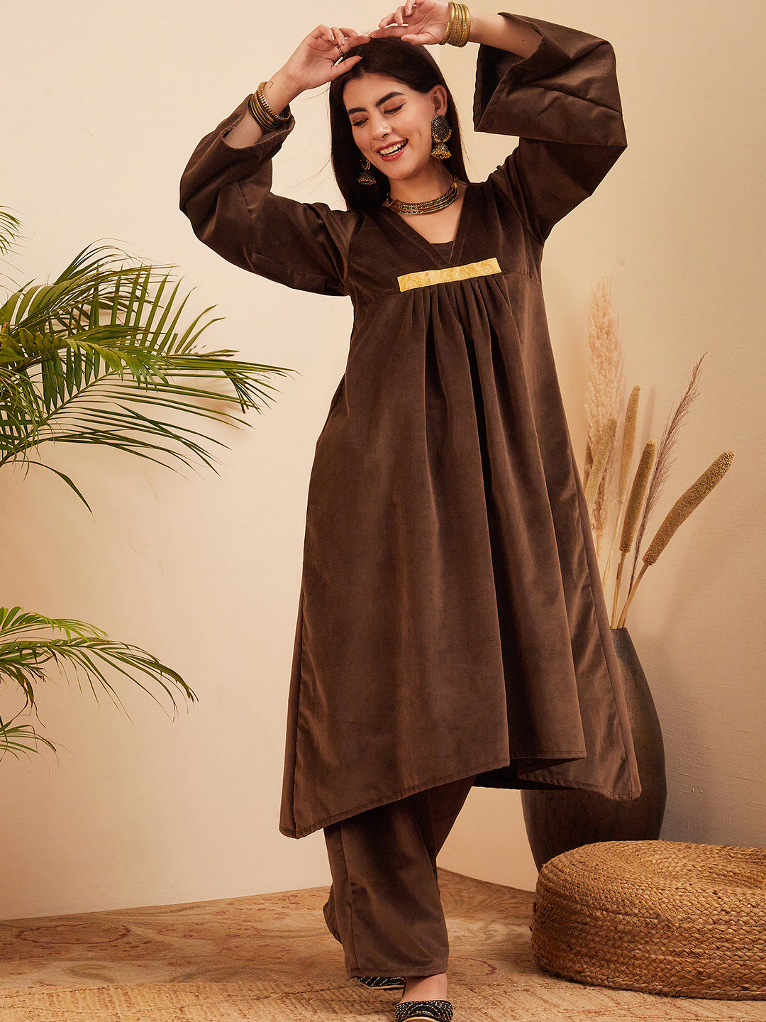 InWeave Women's Brown V Neck Asymmetrical Pleated Velvet Kurta Set - Swadesiicart