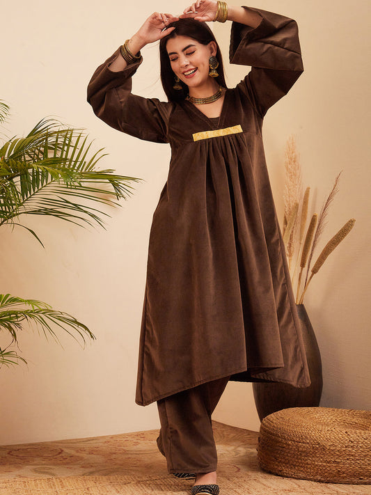 InWeave Women's Brown V Neck Asymmetrical Pleated Velvet Kurta Set - Swadesiicart
