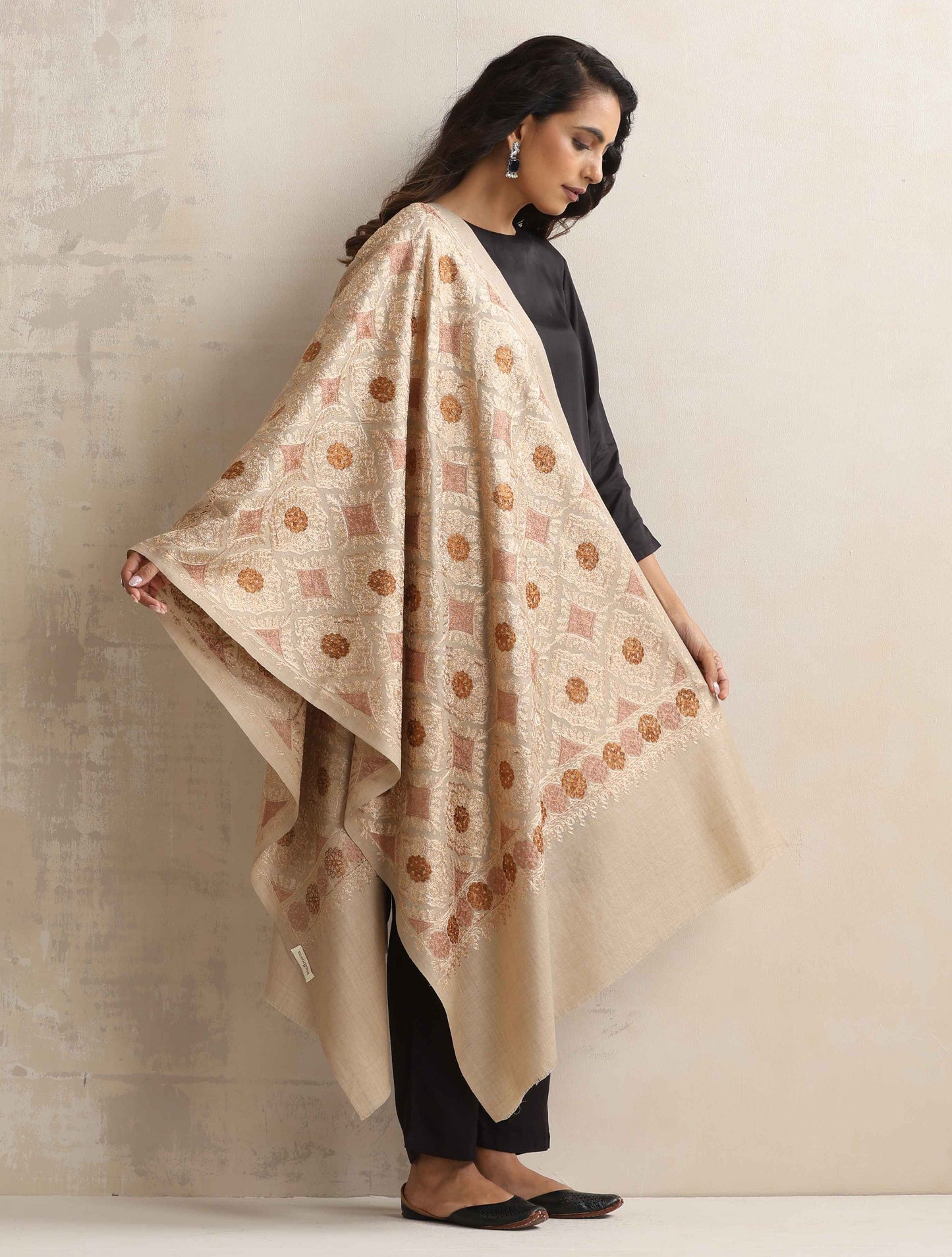 trueBrowns Beige Geometric Embroidered Woollen Stole | Swadesiicart