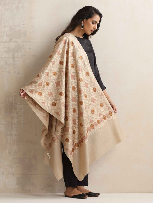 trueBrowns Beige Geometric Embroidered Woollen Stole | Swadesiicart