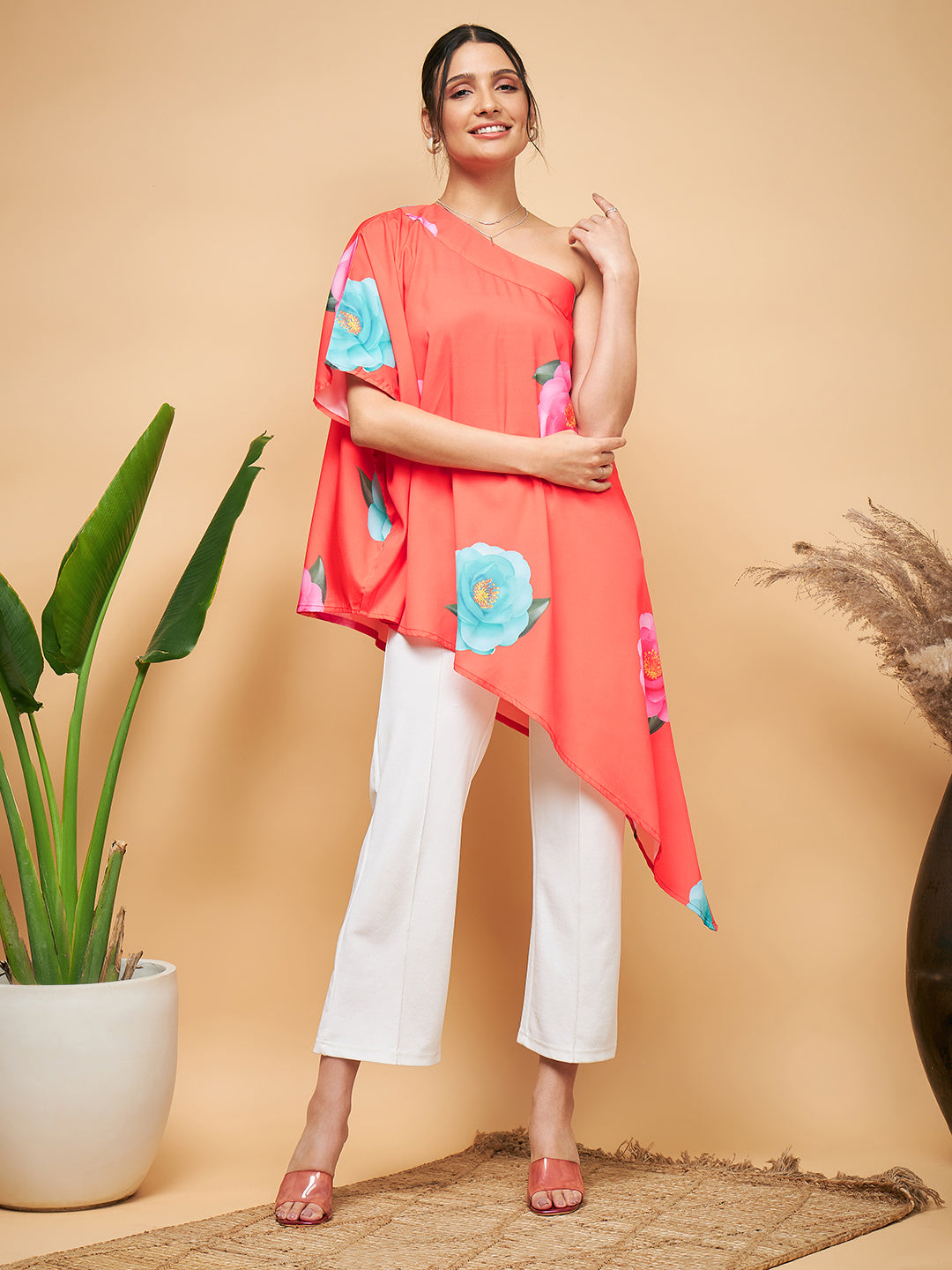 InWeave Women's Dark Orange Pink Blue Flower One Shoulder Kurta - Swadesiicart