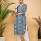 InWeave Women's White Navy Stripe Print Gota Straight Kurta Pant Set - Swadesiicart