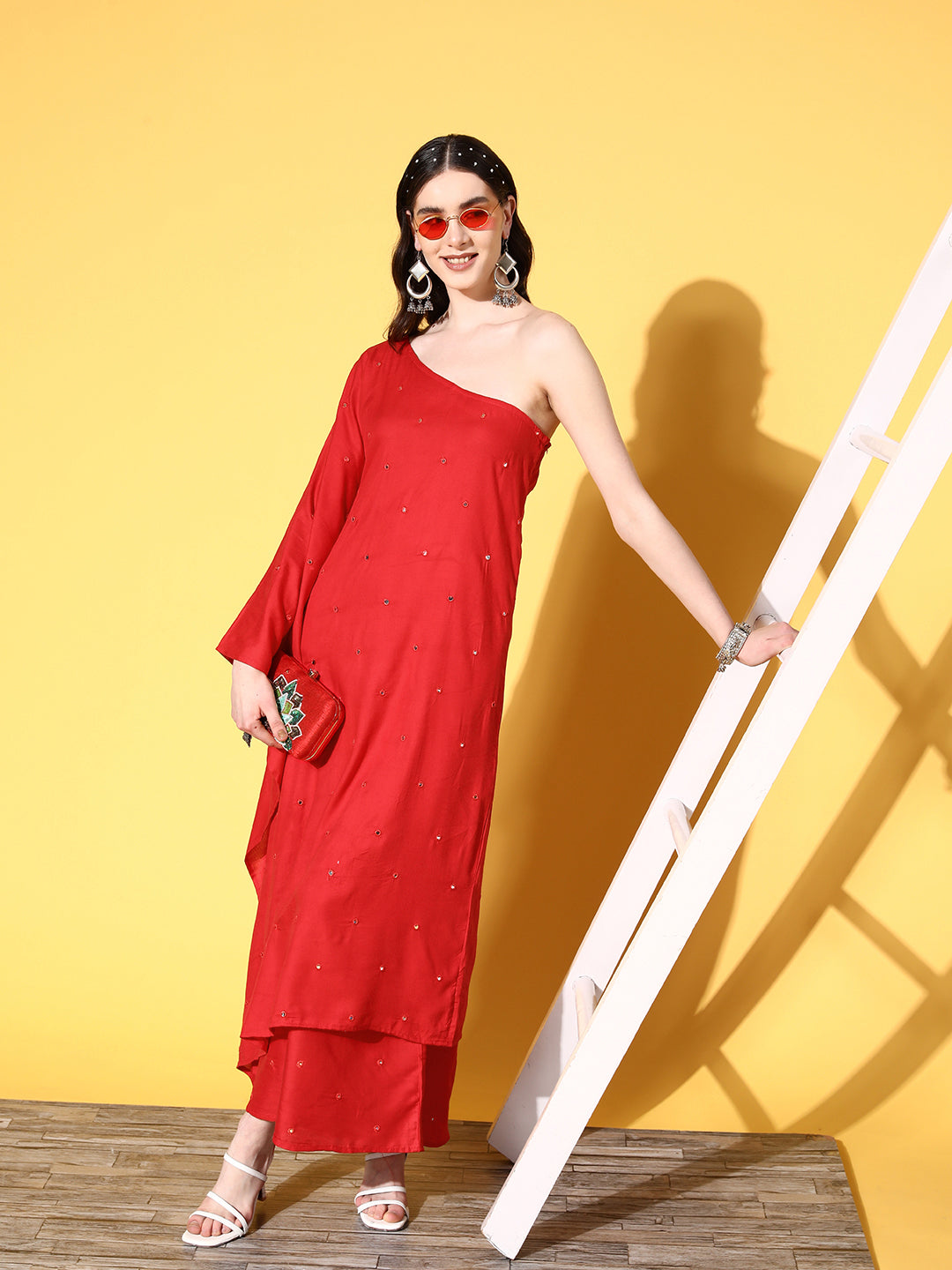 InWeave Women's Red Mirror Work One Shoulder Kurta Set - Swadesiicart