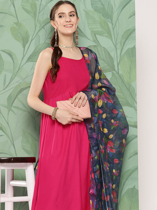 InWeave Women's Fuchsia Strappy Set W Navy Pink Or Dupatta - Swadesiicart