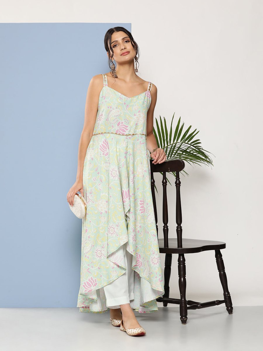Ahalyaa Women Sea Green Floral Printed Empire Gotta Patti Kurta with Trousers | Swadesiicart