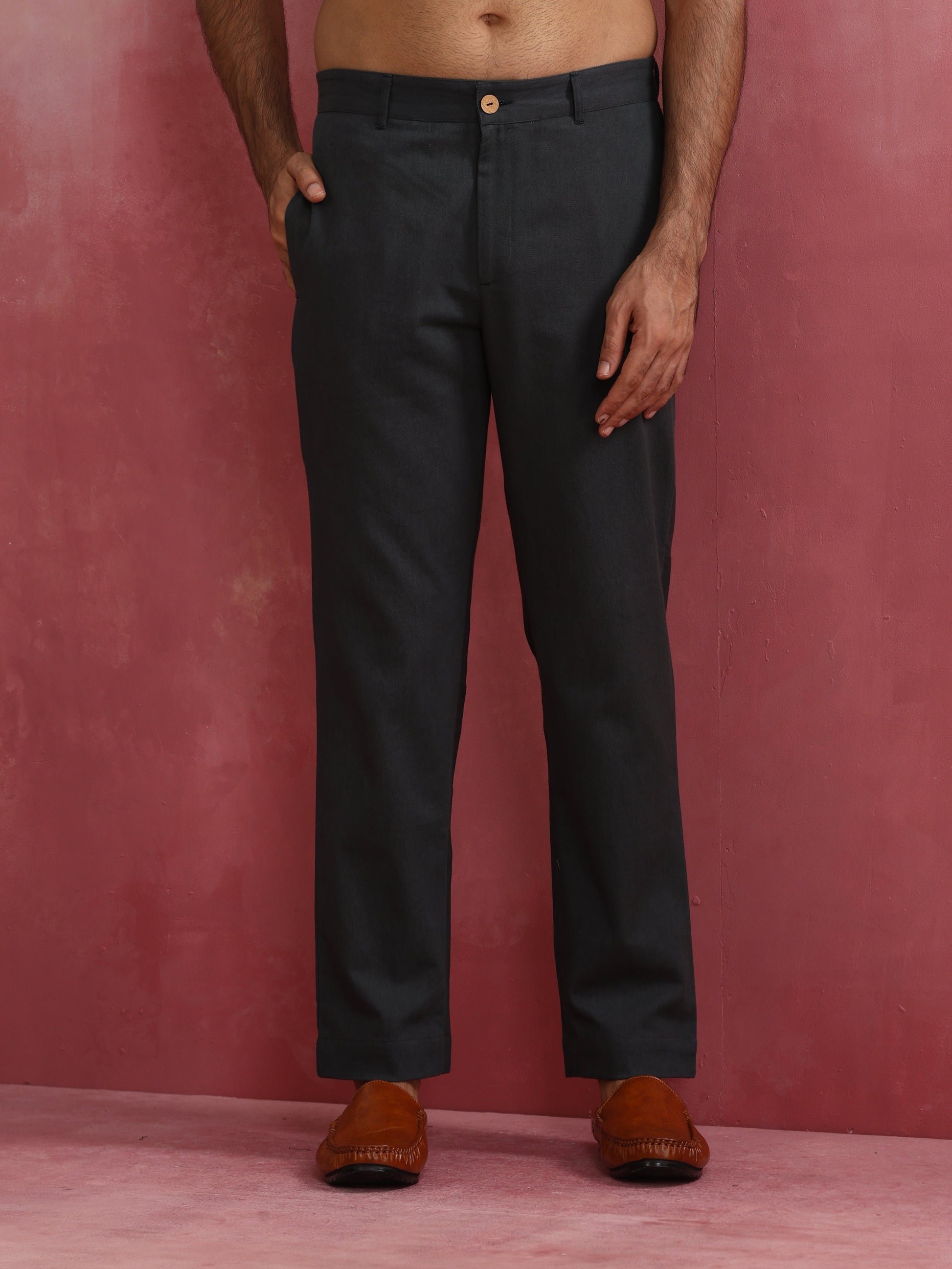 trueBrowns Men's Charcoal grey Cotton Twill Pants | Swadesiicart