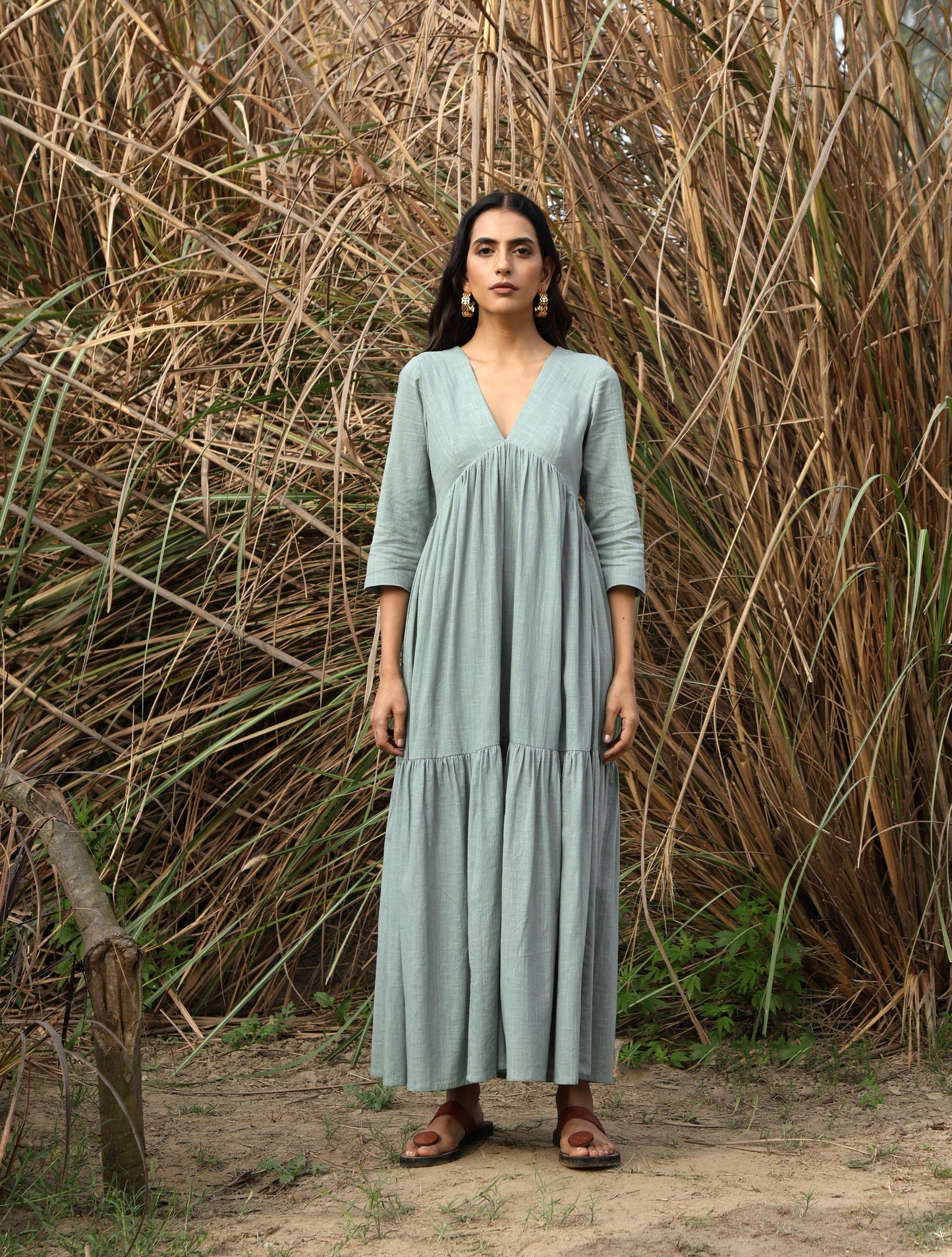 trueBrowns Blue Cotton Tiered Dress | Swadesiicart