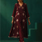 trueBrowns Wine Geometric Viscose Silk V-Neck Front Slit Kurta Pant Set | Swadesiicart