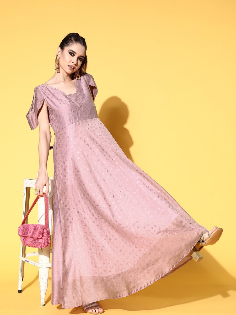 Ahalyaa Chanderi Cold-Shoulders Printed Maxi Ethnic Dress | Swadesiicart