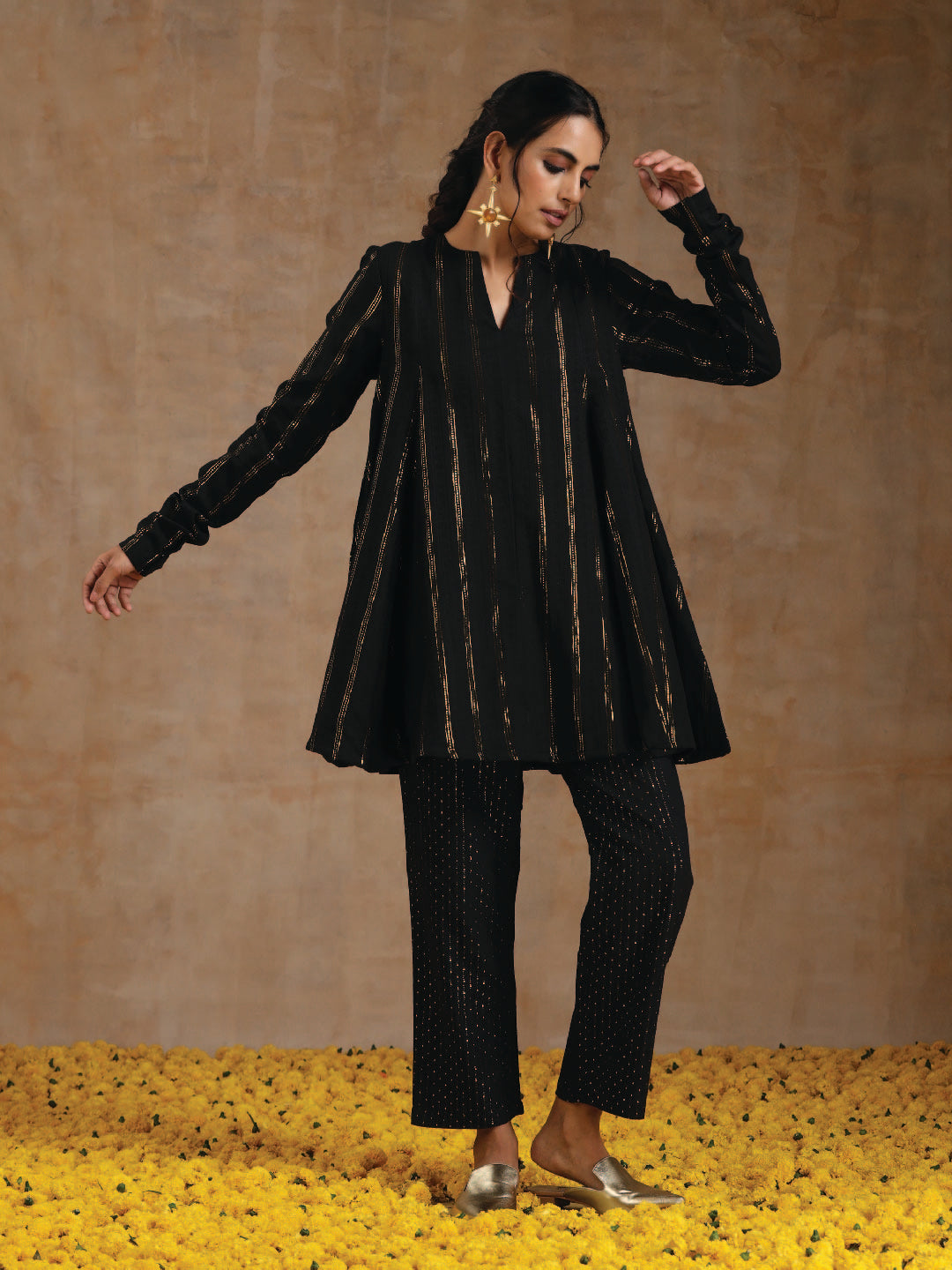 trueBrowns Black Gold Cotton Flared Co-Ord Set - Swadesiicart