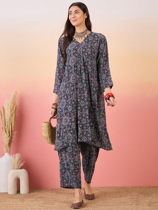 InWeave Navy Maroon Ajrakh Foil V Neck Kurta Pant Set - Swadesiicart