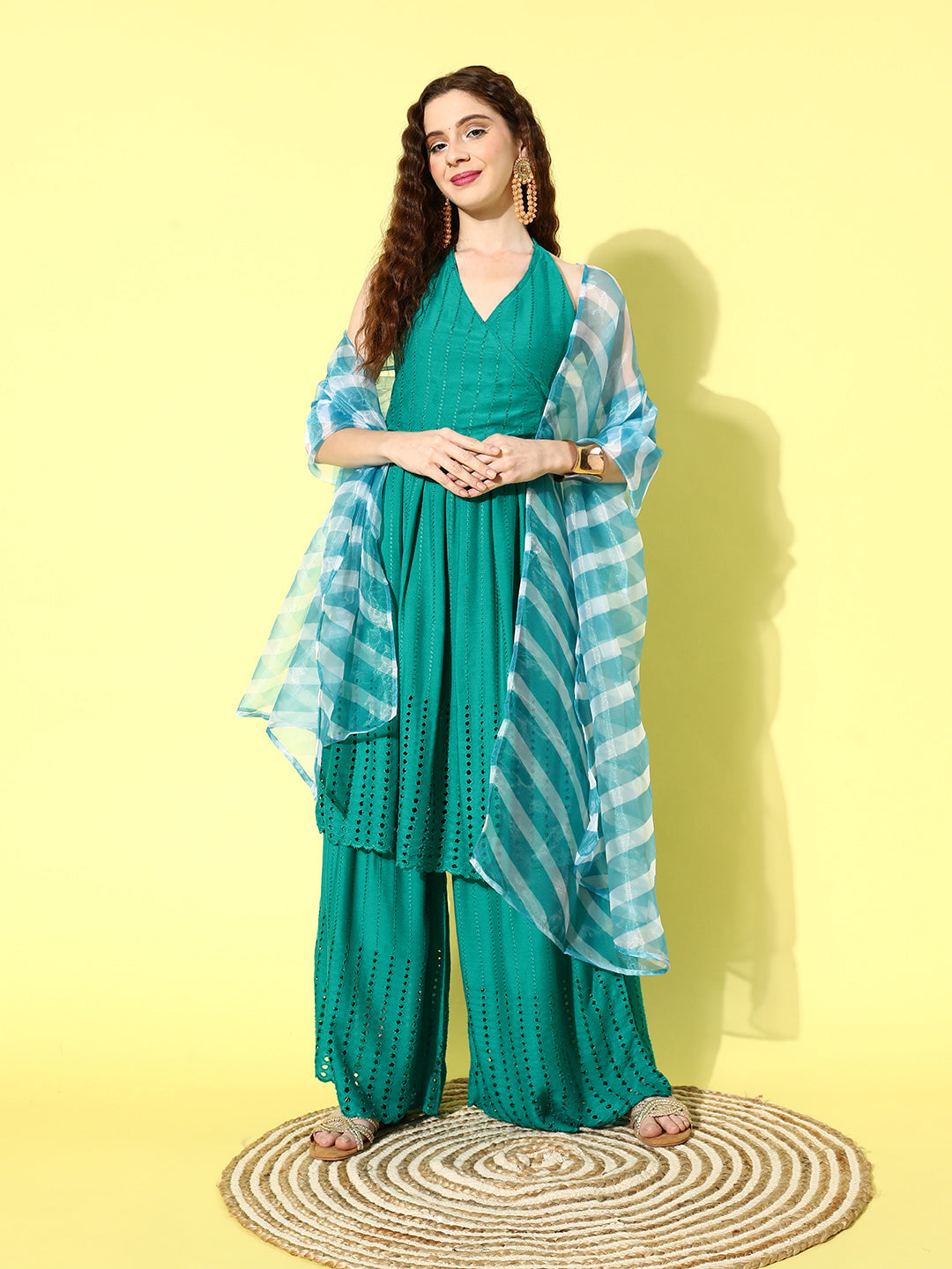 InWeave Women's Teal Lace Work Backless Kurta Sharara Set With Lehariya Dupatta - Swadesiicart