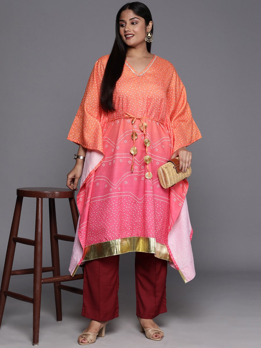 Ahalyaa Plus Size Bandhani Printed Flared Sleeves Gotta Patti Kaftan Kurta | Swadesiicart