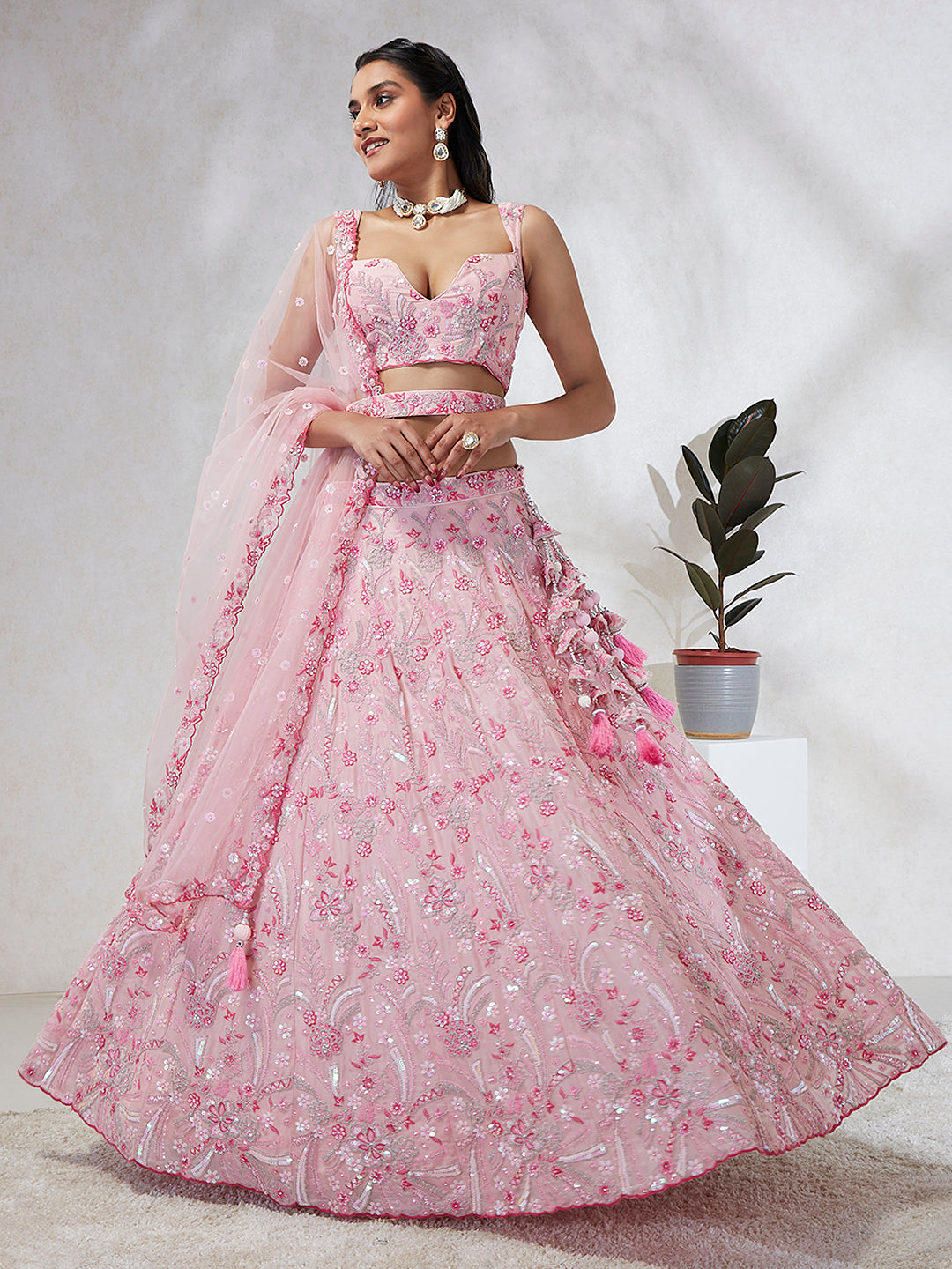 House of Panchhi Pink Georgette Sequins And Thread Embroidery Lehenga Choli & Dupatta | Swadesiicart