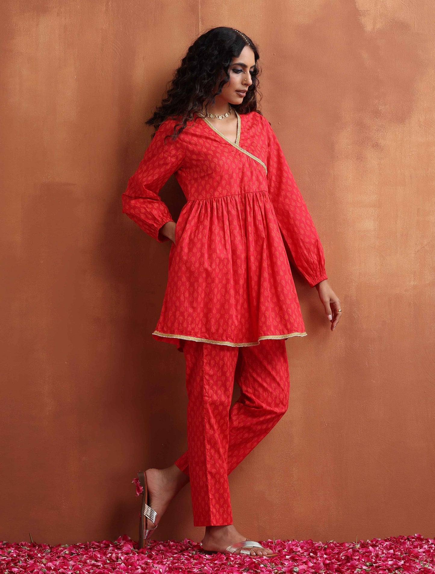 trueBrowns Red Print Angrakha Co-ord Set - Swadesiicart