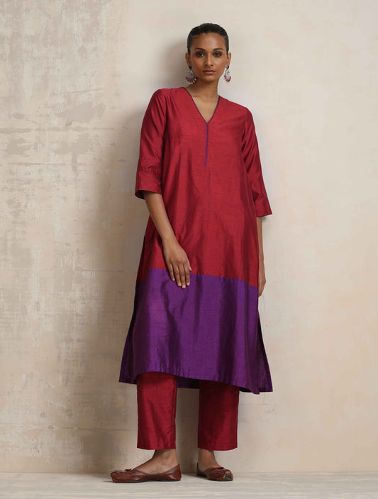 trueBrowns Red Silk Kurta Set | Swadesiicart
