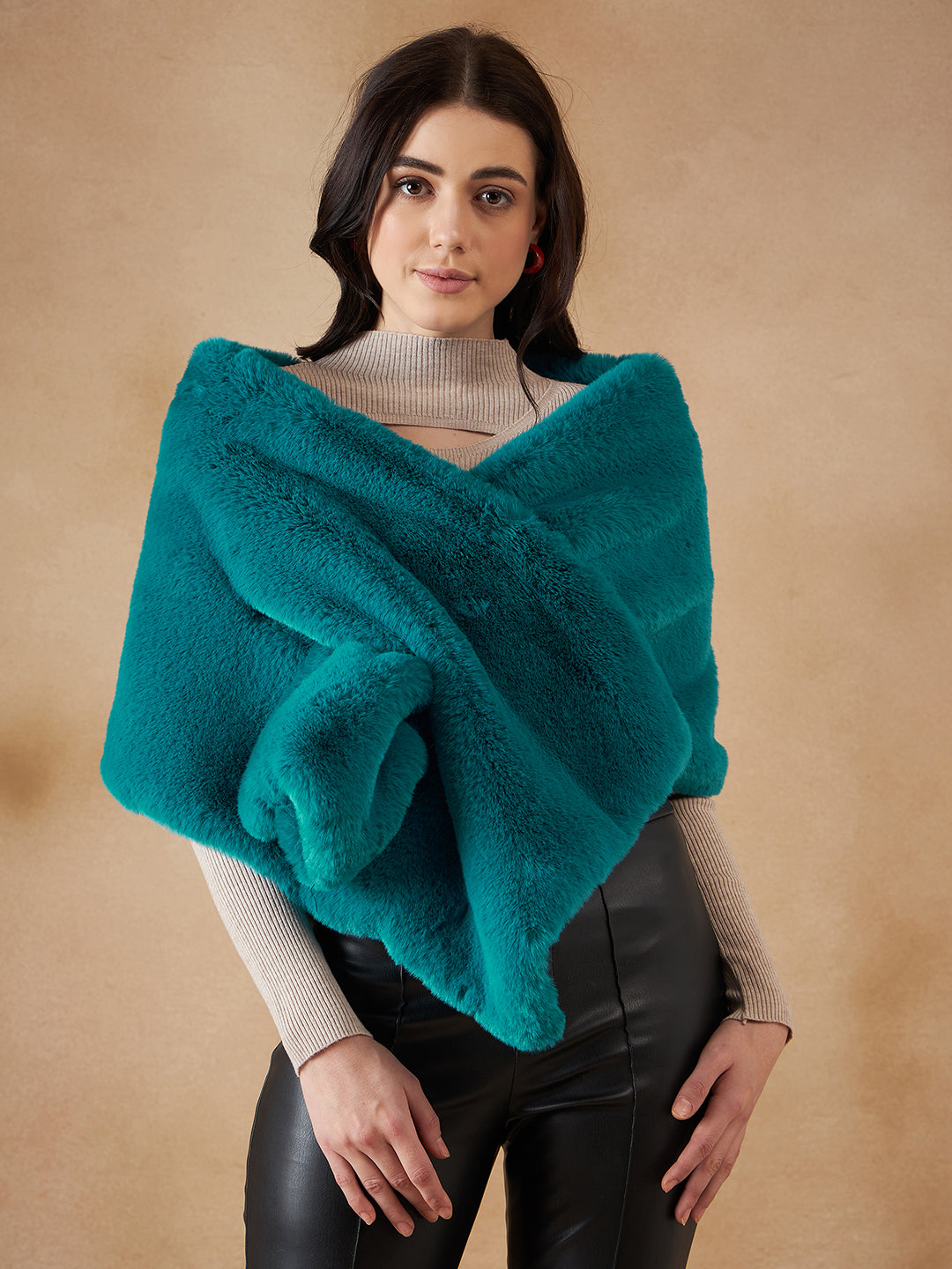 InWeave Women's Cyan Blue Long Faux Fur Cape - Swadesiicart