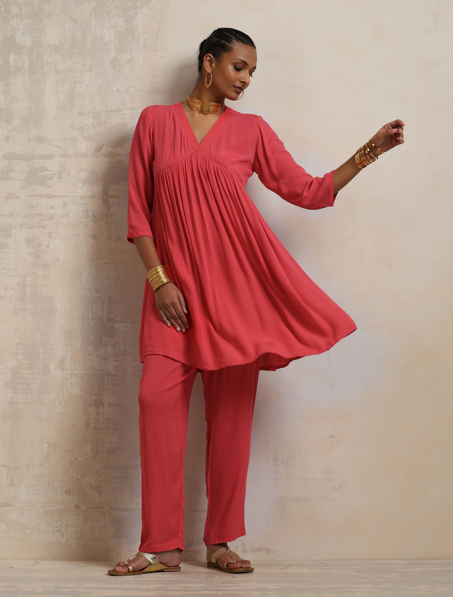trueBrowns Peach Crinkle Flared Kurta Co-ord Set - Swadesiicart